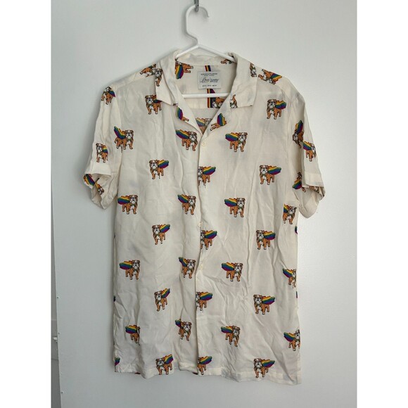 Denim & Flower Ricky Singh Shirt Mens Sz M Beige Bulldog Pride Rainbow Button-Up - Picture 1 of 6
